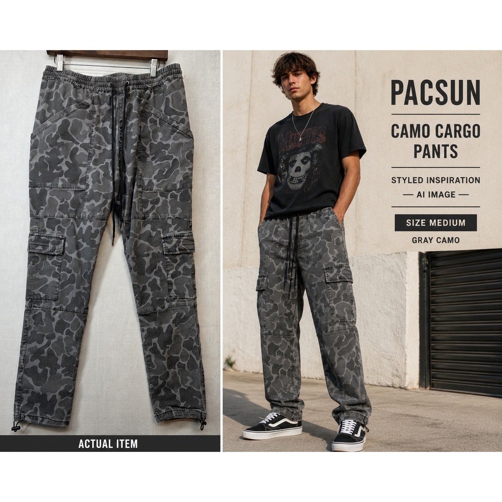PacSun Men's Sz Medium Gray Camo Stretch‎ Cargo Utility Jogger Pants Y2K